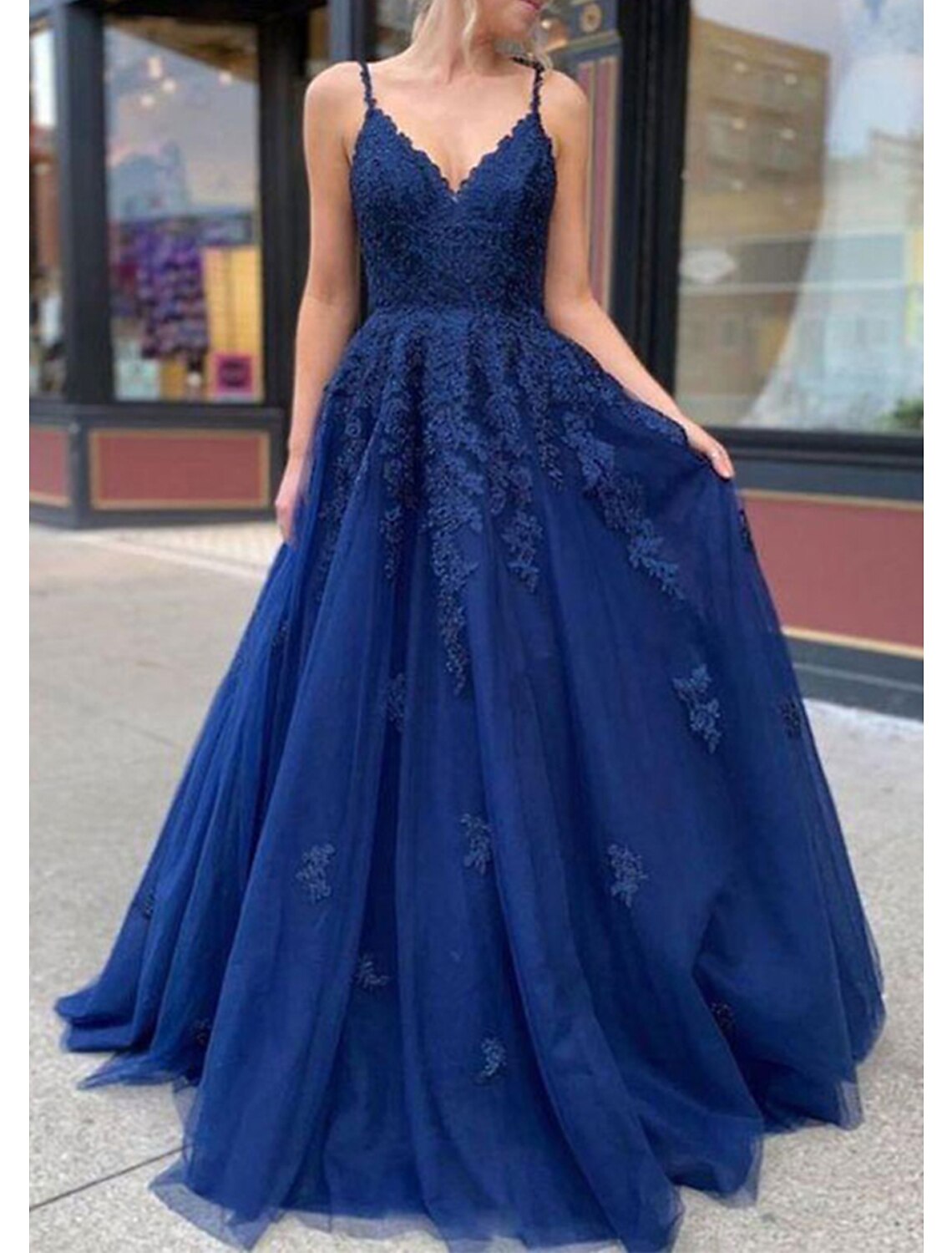 wholesale  A-line/Princess V Neck Long/Floor-Length Lace Prom Dresses