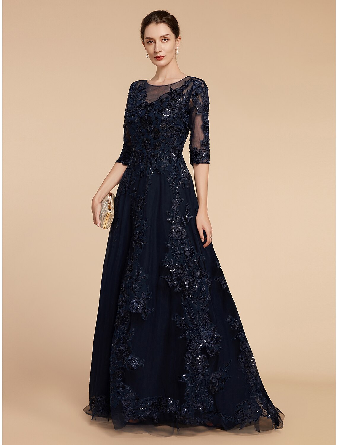 Wholesa  A-Line Mother of the Bride Dress Formal Wedding Guest Elegant Party Scoop Neck Floor Length Chiffon Lace 3/4 Length Sleeve with Sequin Appliques