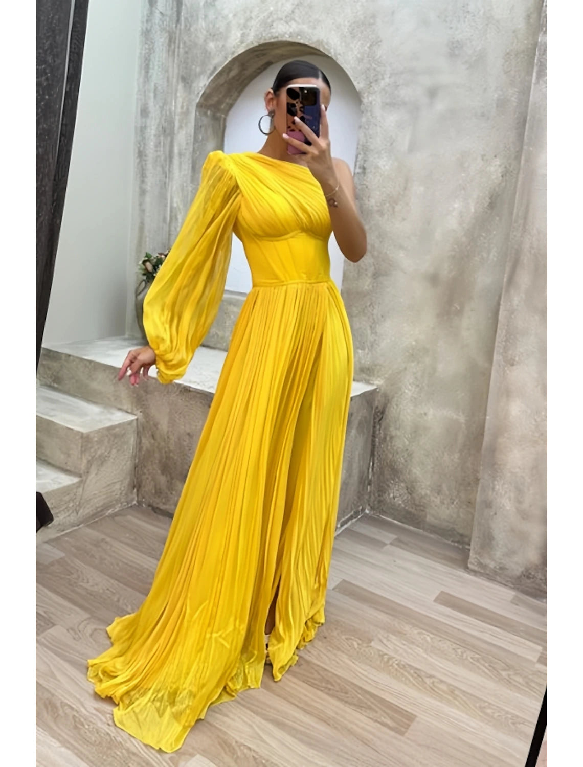 Wholesa A-Line Evening Gown High Split Dress Formal Fall Sweep / Brush Train Long Sleeve One Shoulder Chiffon with Pleats Slit