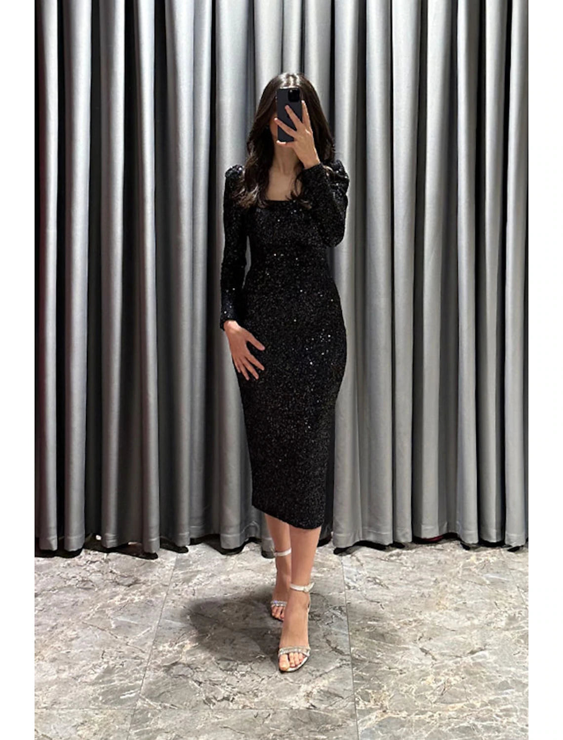 Wholesa Sheath / Column Evening Gown Elegant Black Dress Formal Fall Tea Length Long Sleeve Square Neck Sequined with Glitter Slit