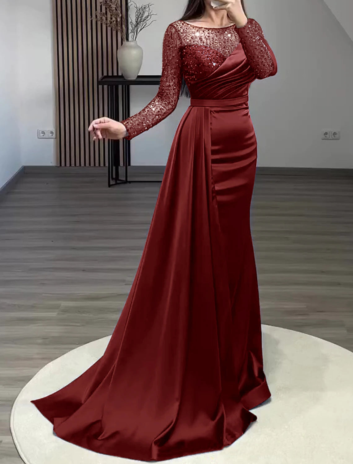 Aimishang Mermaid Dress Evening Gown Red Green Dress Formal Wedding Guest Court Train Long Sleeve Jewel Neck Charmeuse with Ruched Pearls Sequin