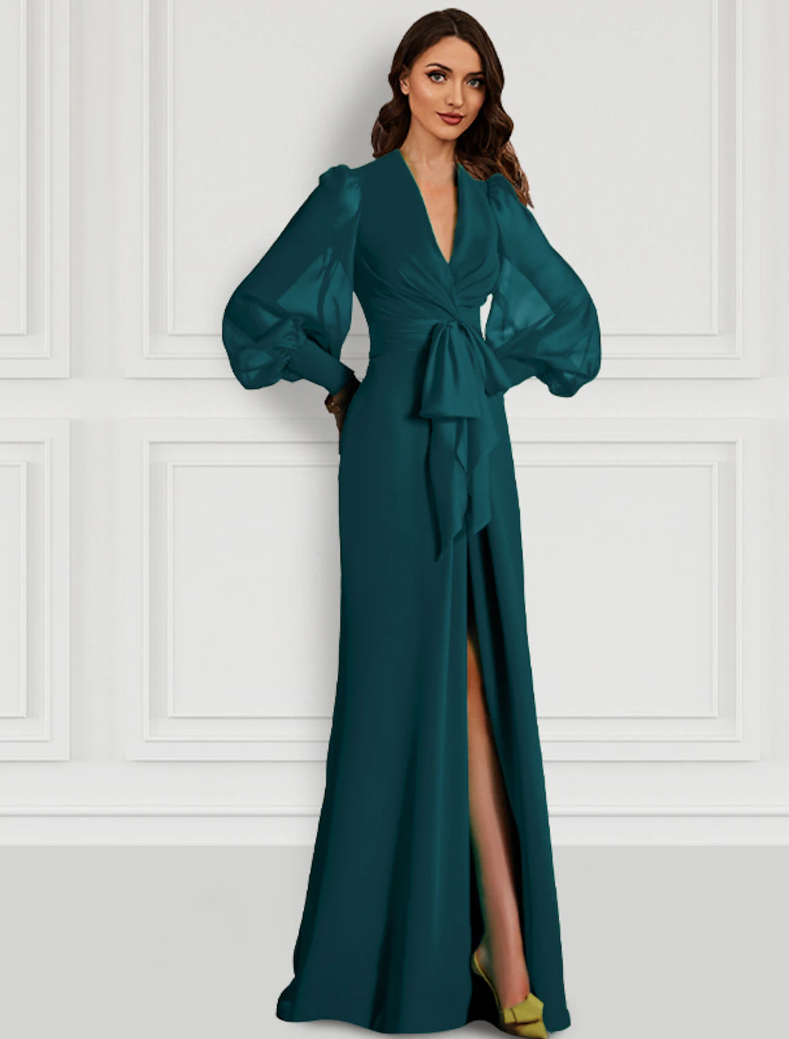 Wholesa  Mermaid Red Green Dress Evening Gown Elegant Dress With Bow Formal Wedding Guest Sweep / Brush Train Long Sleeve V Neck Fall Wedding Guest Chiffon with Slit Strappy