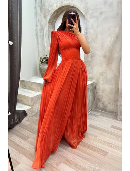 Wholesa A-Line Evening Gown High Split Dress Formal Fall Sweep / Brush Train Long Sleeve One Shoulder Chiffon with Pleats Slit