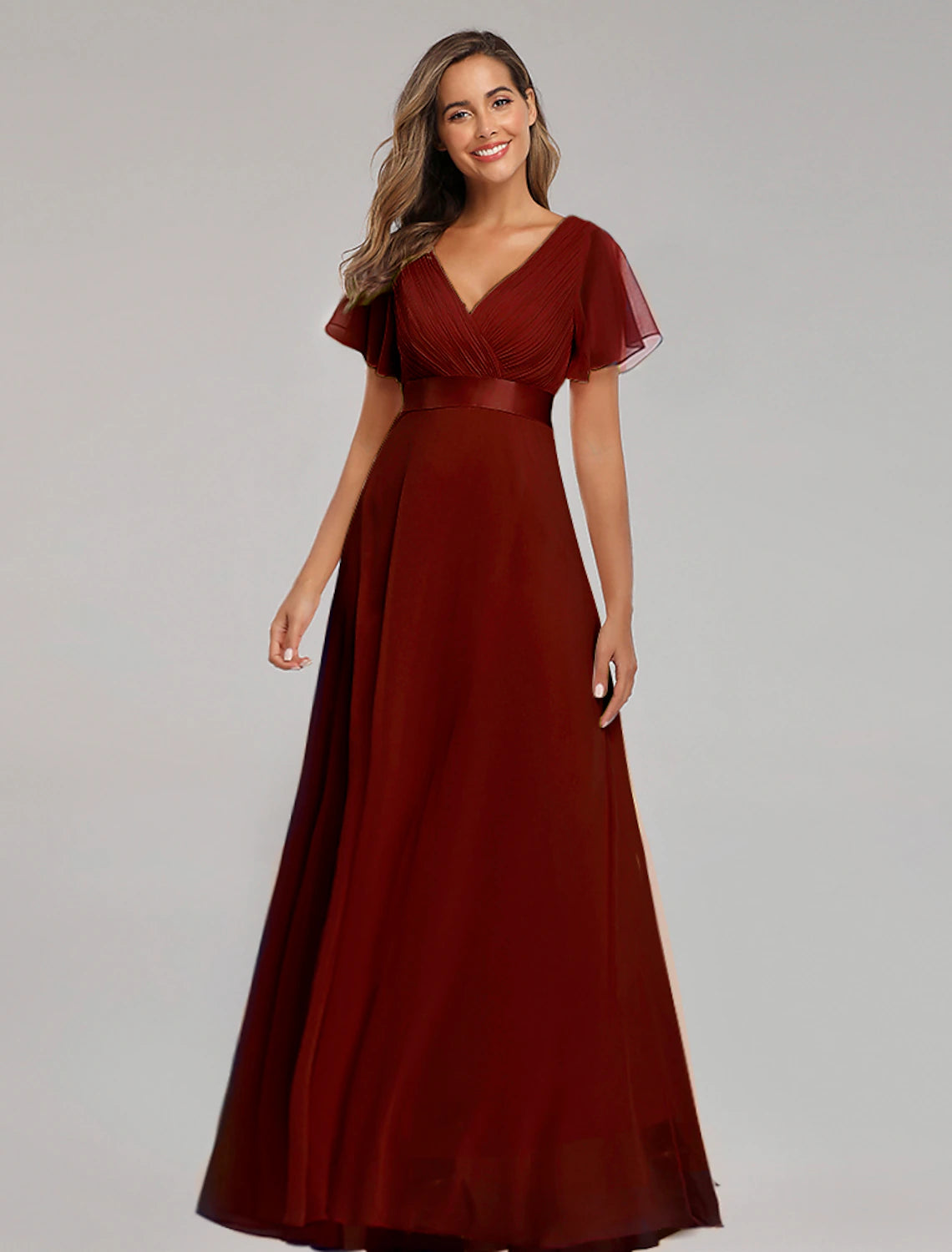 Wholesale A-Line Prom Dresses Maxi Dress Fall Wedding Guest Dress For Bridesmaid Floor Length Short Sleeve V Neck Chiffon V Back with Ruched Ruffles