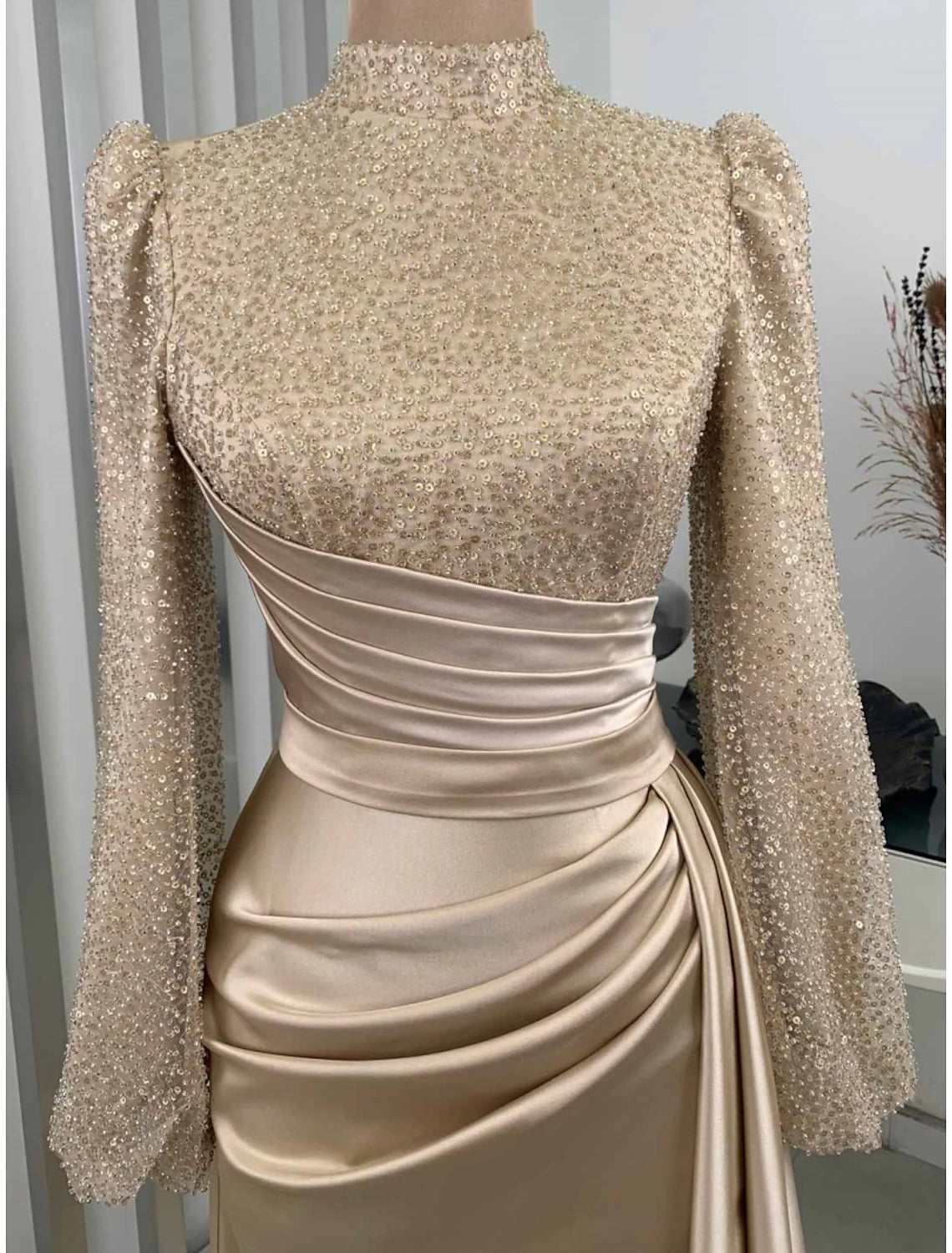 Wholesa A-Line Evening Gown Champagne Christmas Elegant Dress Formal Sweep / Brush Train Long Sleeve High Neck Satin with Glitter Pleats Ruched