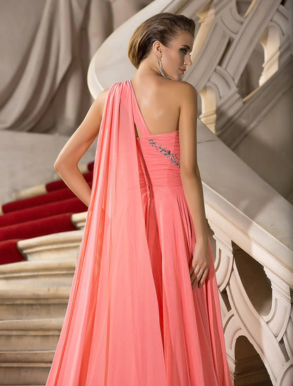 Wholesa A-Line Elegant Dress Wedding Guest Engagement Court Train Sleeveless One Shoulder Chiffon with Crystals Draping