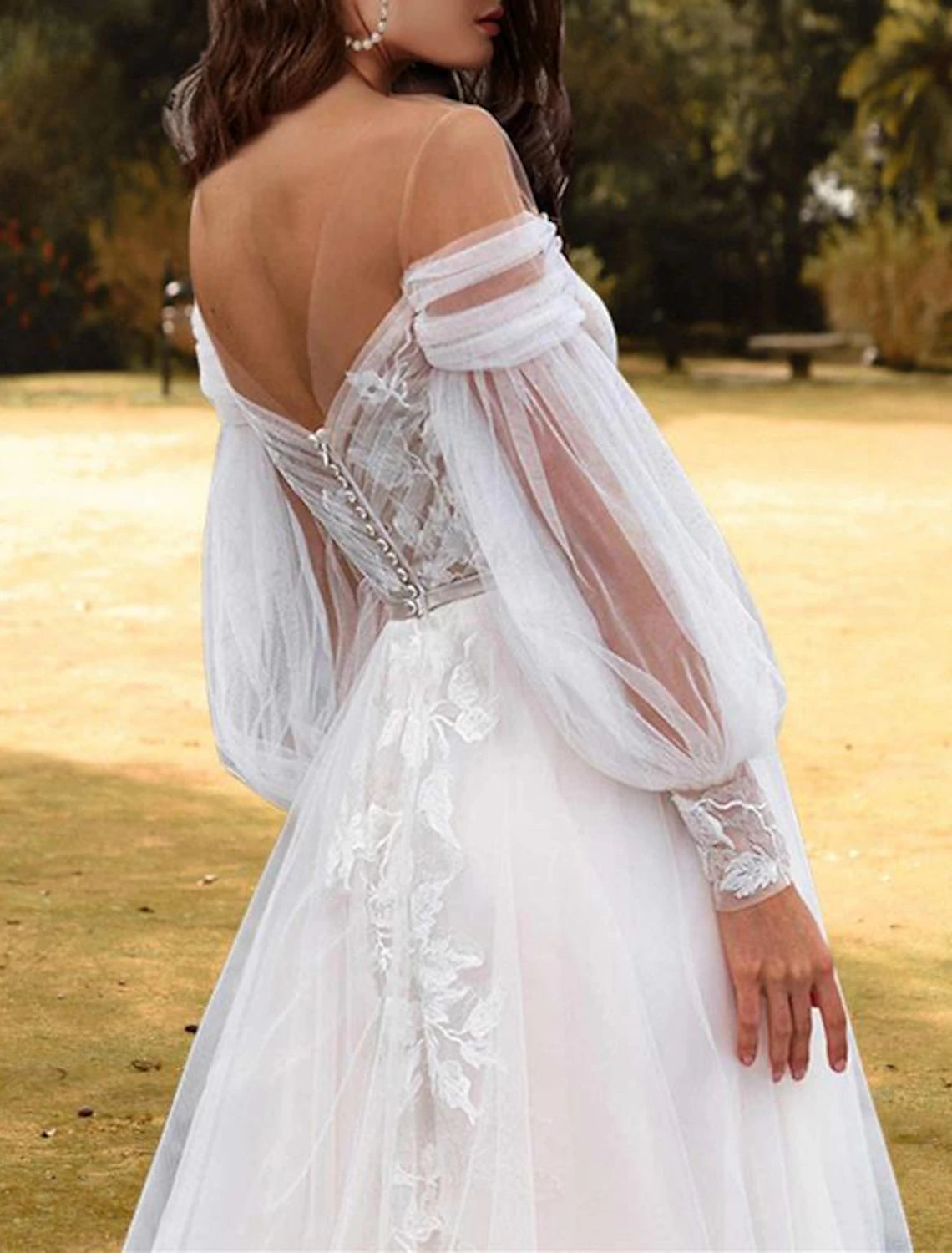 Wholesa Beach Wedding Dresses A-Line Off Shoulder Long Sleeve Sweep / Brush Train Lace Bridal Gowns With Pleats Appliques