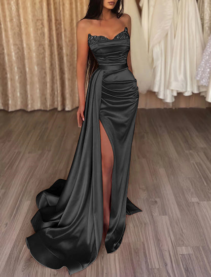 Wholesa  Mermaid Ruched Evening Gown Satin Dress Cocktail Party Prom Court Train Sleeveless Strapless Bridesmaid Dress with Beading Sequin Pure Color