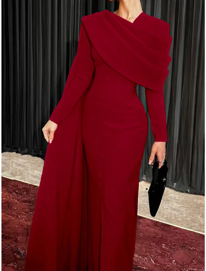 Wholesa Sheath Red Black Red Green Dress Evening Gown Elegant Cape Dress Formal Fall Sweep / Brush Train Long Sleeve Cowl Neck Stretch Fabric with Buttons Slit