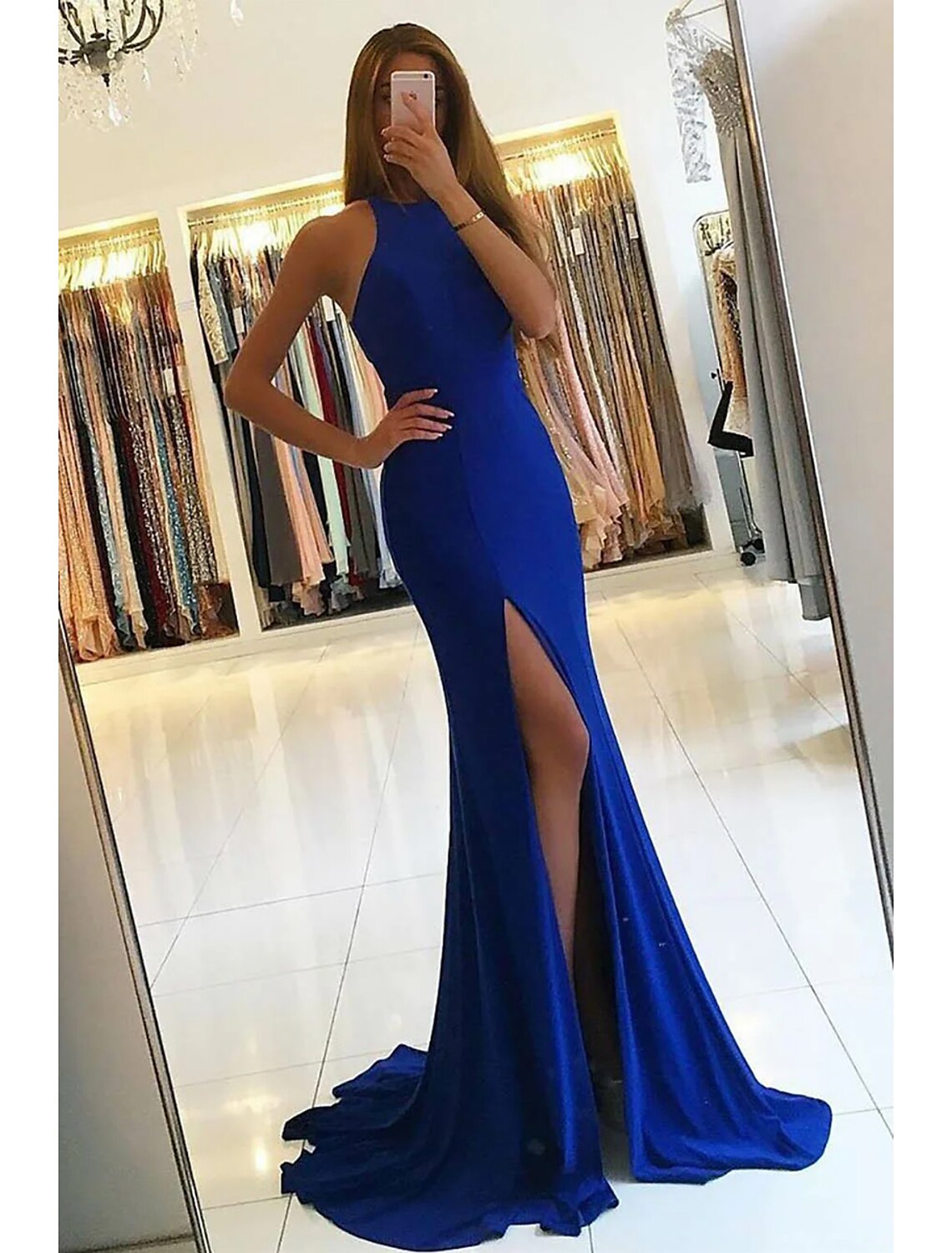 Wholesa  Mermaid / Trumpet Evening Gown Bodycon Dress Formal Prom Court Train Sleeveless High Neck Stretch Fabric with Slit