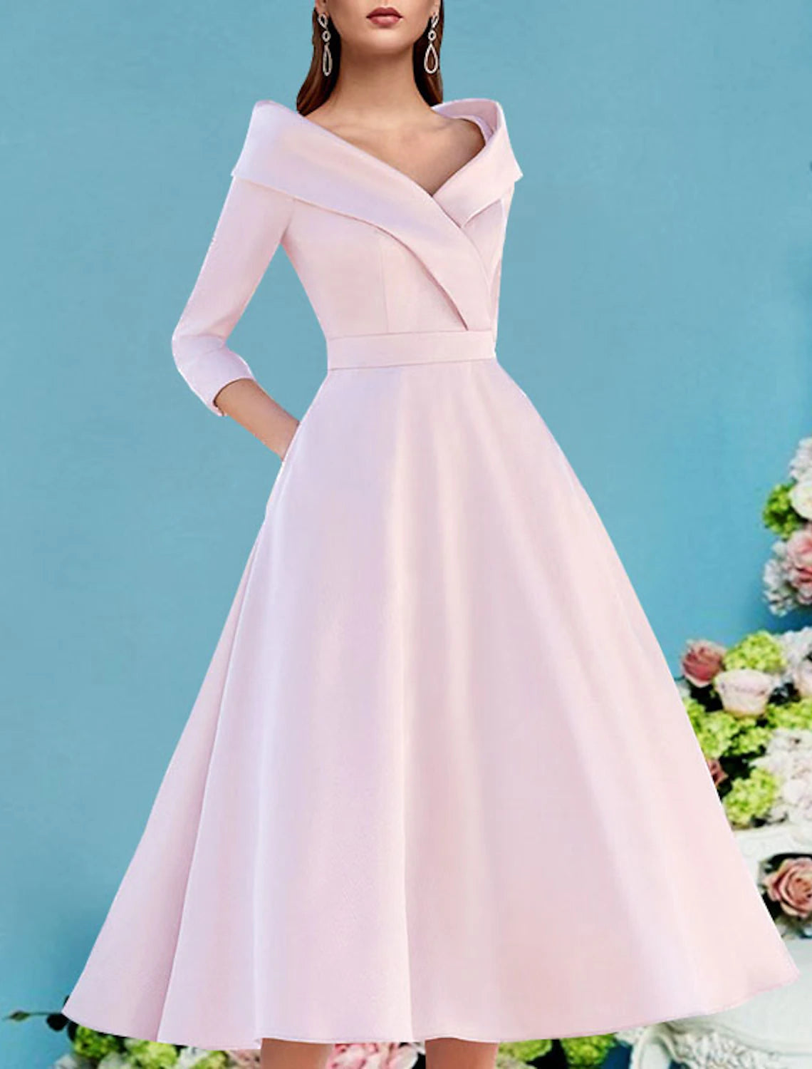 wholesale A-Line Mother of the Bride Dress Fall Wedding Guest Vintage Elegant V Neck Tea Length Satin 3/4 Length Sleeve with Pleats