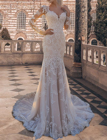 Wholesa Formal Fall Wedding Dresses Mermaid / Trumpet Square Neck Sweetheart Open Back Long Sleeve Court Train Lace Bridal Gowns With Appliques Summer Wedding Party, Women‘s Clothing