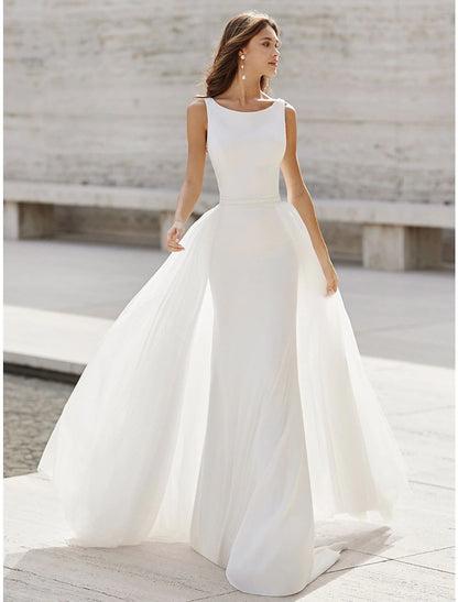 Wholesale Beach Open Back Wedding Dresses Mermaid / Trumpet Scoop Neck Sleeveless Court Train Satin Bridal Suits Bridal Gowns With Appliques Summer Wedding Party