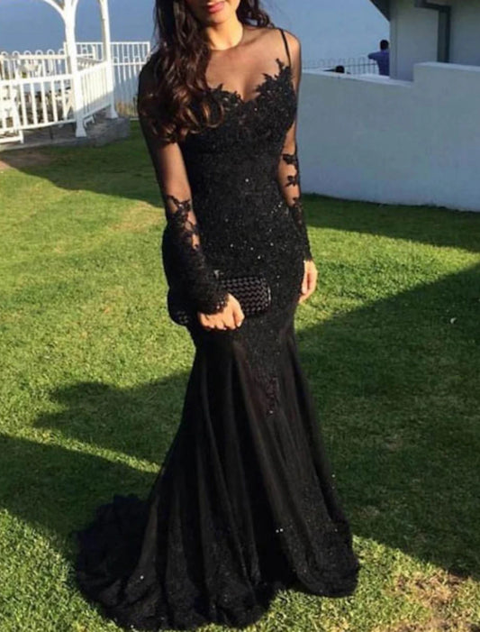 Wholesa Mermaid Black Dress Evening Gown Sequin Prom Dress Sparkle Formal Gown Sweep / Brush Train Long Sleeve Illusion Neck Lace with Appliques