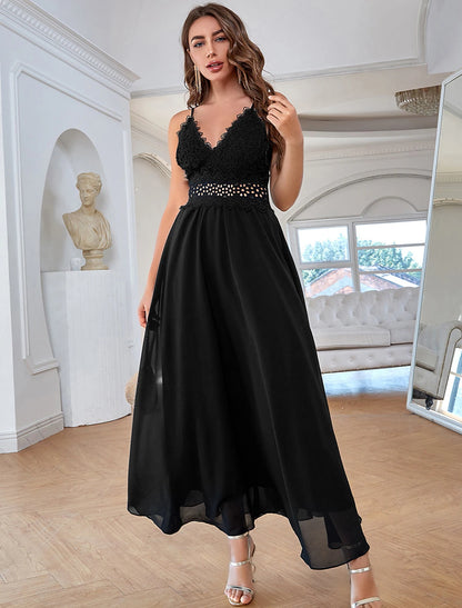 Wholesale A-Line Elegant Vintage Party Wear Formal Evening Dress V Neck Sleeveless Ankle Length Chiffon with Sequin Pure Color Splicing