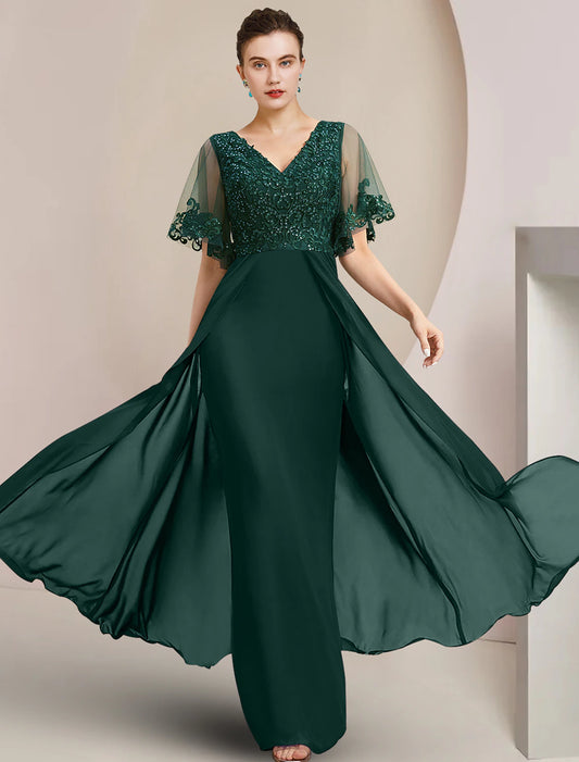 Wholesa  Sheath / Column Mother of the Bride Dress Formal Wedding Guest Elegant V Neck Floor Length Chiffon Lace Tulle Short Sleeve with Sequin Appliques