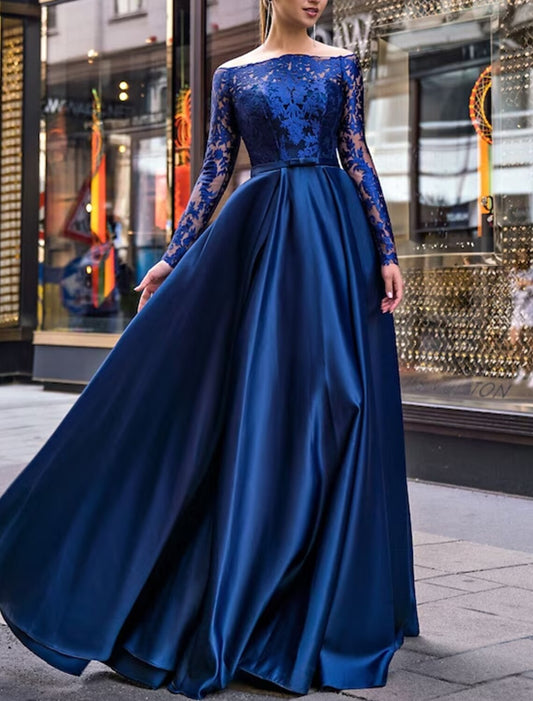 Wholesa A-Line Evening Gown Party Dress Elegant Dress Wedding Guest Fall Floor Length Long Sleeve Off Shoulder Belt / Sash Satin with Appliques