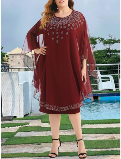 Wholesa Sheath / Column Mother of the Bride Dress Wedding Guest Party Sparkle & Shine Scoop Neck Knee Length Chiffon Long Sleeve with Sequin Ruching