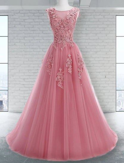 wholesale  A-Line Prom Dresses Elegant Dress Wedding Guest Sweep / Brush Train Sleeveless Jewel Neck Tulle with Appliques