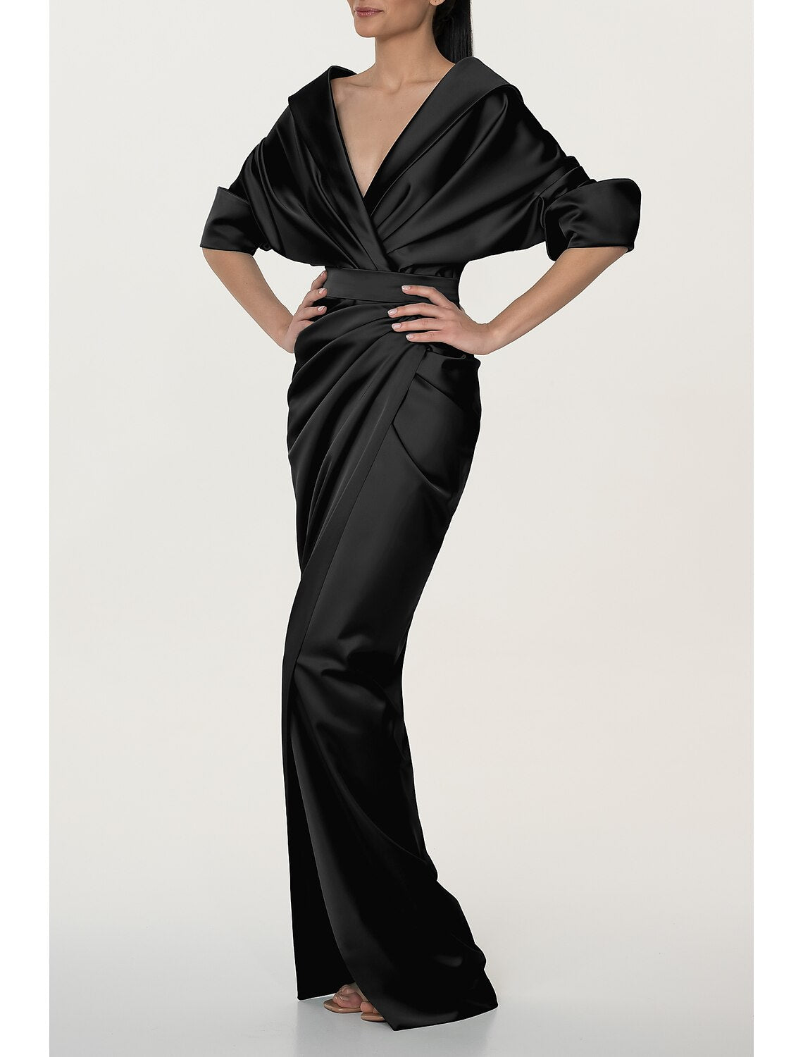 Wholesa A-Line Evening Gown Black Dress Elegant Dress Formal Fall Sweep / Brush Train Half Sleeve V Neck Satin with Ruched Slit