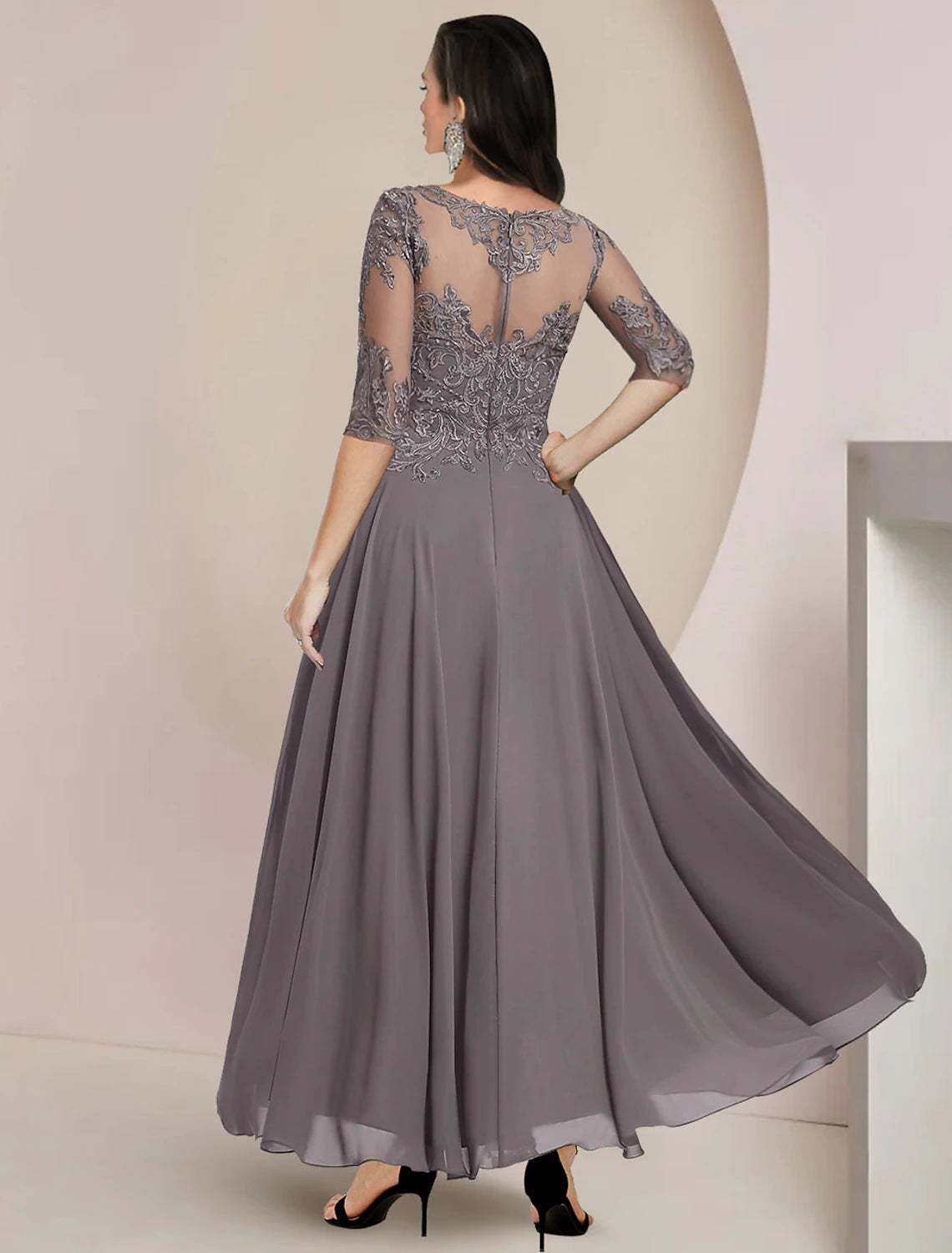 Wholesa A-Line Mother of the Bride Dress Formal Wedding Guest Elegant High Low Scoop Neck Asymmetrical Tea Length Chiffon Lace Half Sleeve with Pleats Appliques