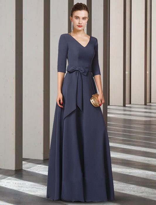 wholesale  Sheath / Column Mother of the Bride Dress Elegant V Neck Floor Length Stretch Chiffon Half Sleeve with Bow(s) Pleats