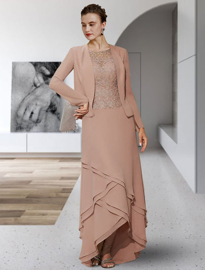 Wholesa  Two Piece A-Line Mother of the Bride Dress Elegant High Low Jewel Neck Asymmetrical Chiffon Lace Sleeveless with Tier Appliques