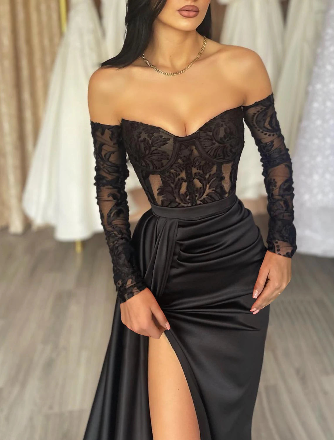 Wholesa Mermaid Black Dress Evening Gown See Through Dress Formal Masquerade Floor Length Long Sleeve Off Shoulder Fall Wedding Reception Satin with Appliques