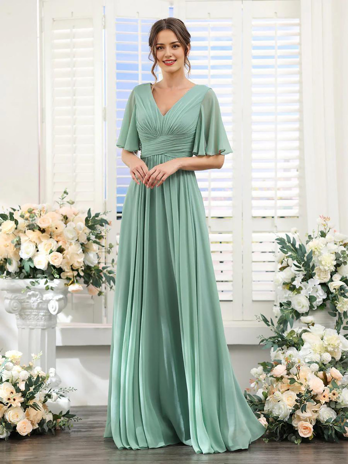 Wholesale A-Line Bridesmaid Dress for Wedding Guest V-Neck Sleeve Long Chiffon Formal Party Dresses with Slit