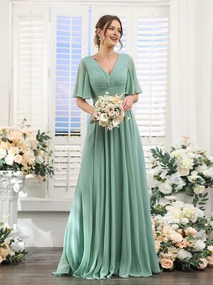 Wholesale A-Line Bridesmaid Dress for Wedding Guest V-Neck Sleeve Long Chiffon Formal Party Dresses with Slit