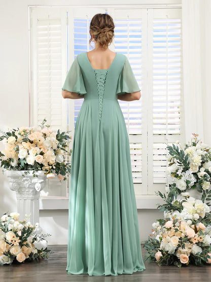 Wholesale A-Line Bridesmaid Dress for Wedding Guest V-Neck Sleeve Long Chiffon Formal Party Dresses with Slit