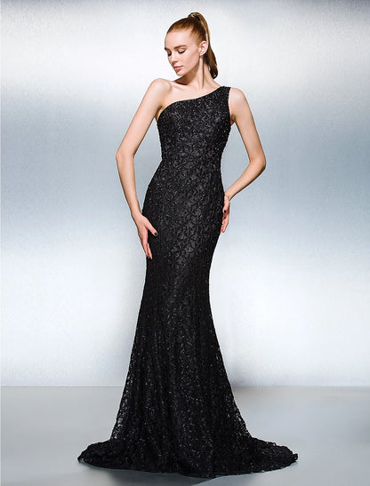 Wholesa Sheath / Column Sparkle & Shine Dress Holiday Cocktail Party Court Train Sleeveless One Shoulder Lace with Beading