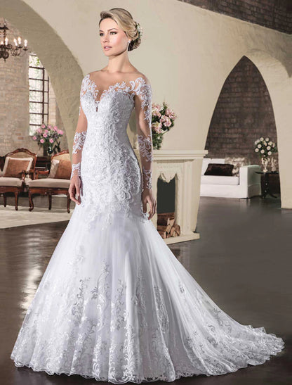 Wholesale Engagement Open Back Formal Fall Wedding Dresses Mermaid / Trumpet Illusion Neck Long Sleeve Court Train Lace Bridal Gowns With Appliques 2023 Summer Wedding Party