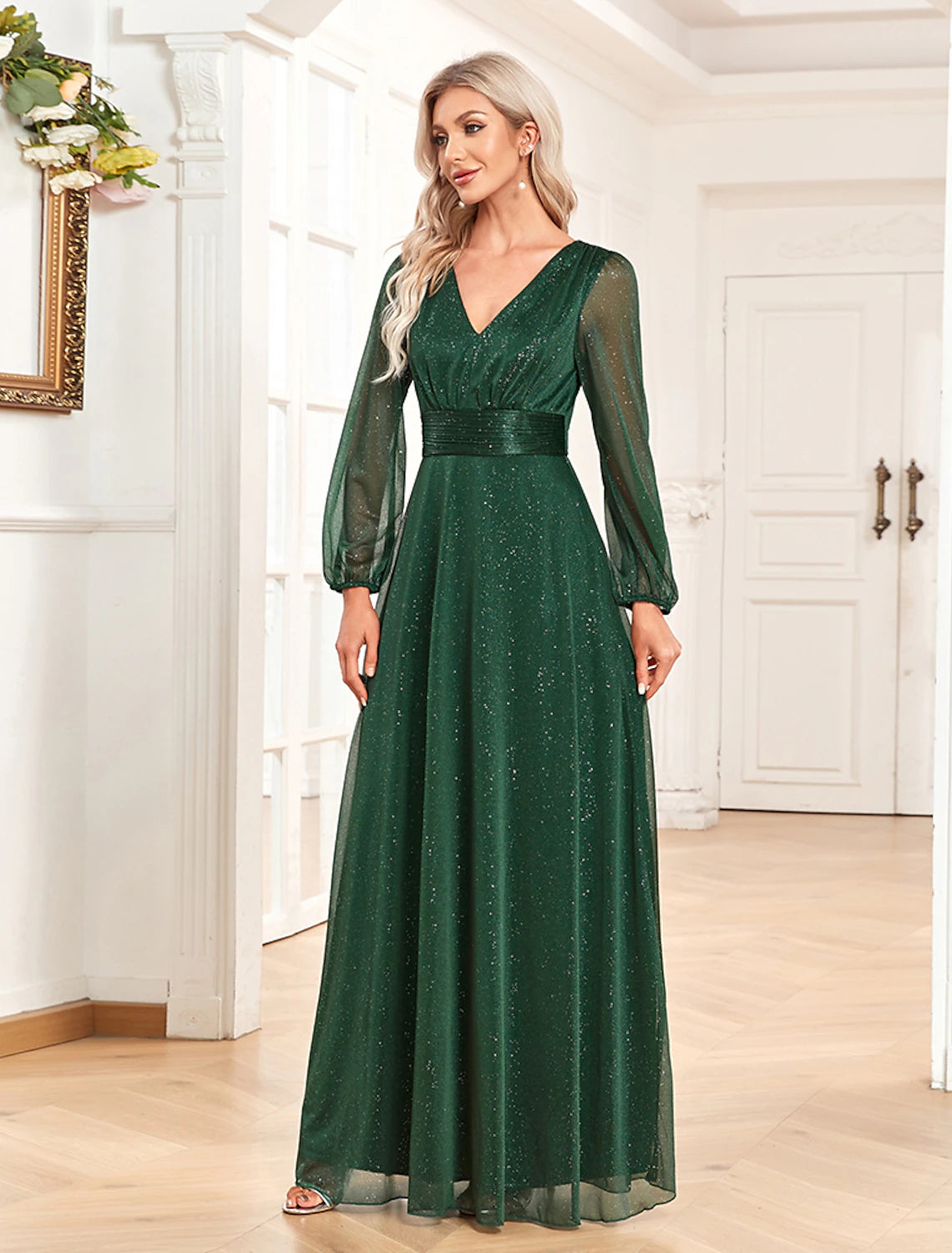 Wholesale A-Line Evening Gown Elegant Dress Formal Floor Length Long Sleeve V Neck Chiffon with Sequin