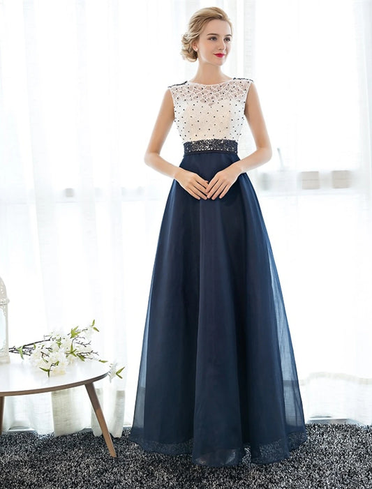 wholesale A-Line Beautiful Back Elegant Beaded & Sequin Prom Formal Evening Dress Illusion Neck Sleeveless Floor Length Tulle Over Lace with Beading