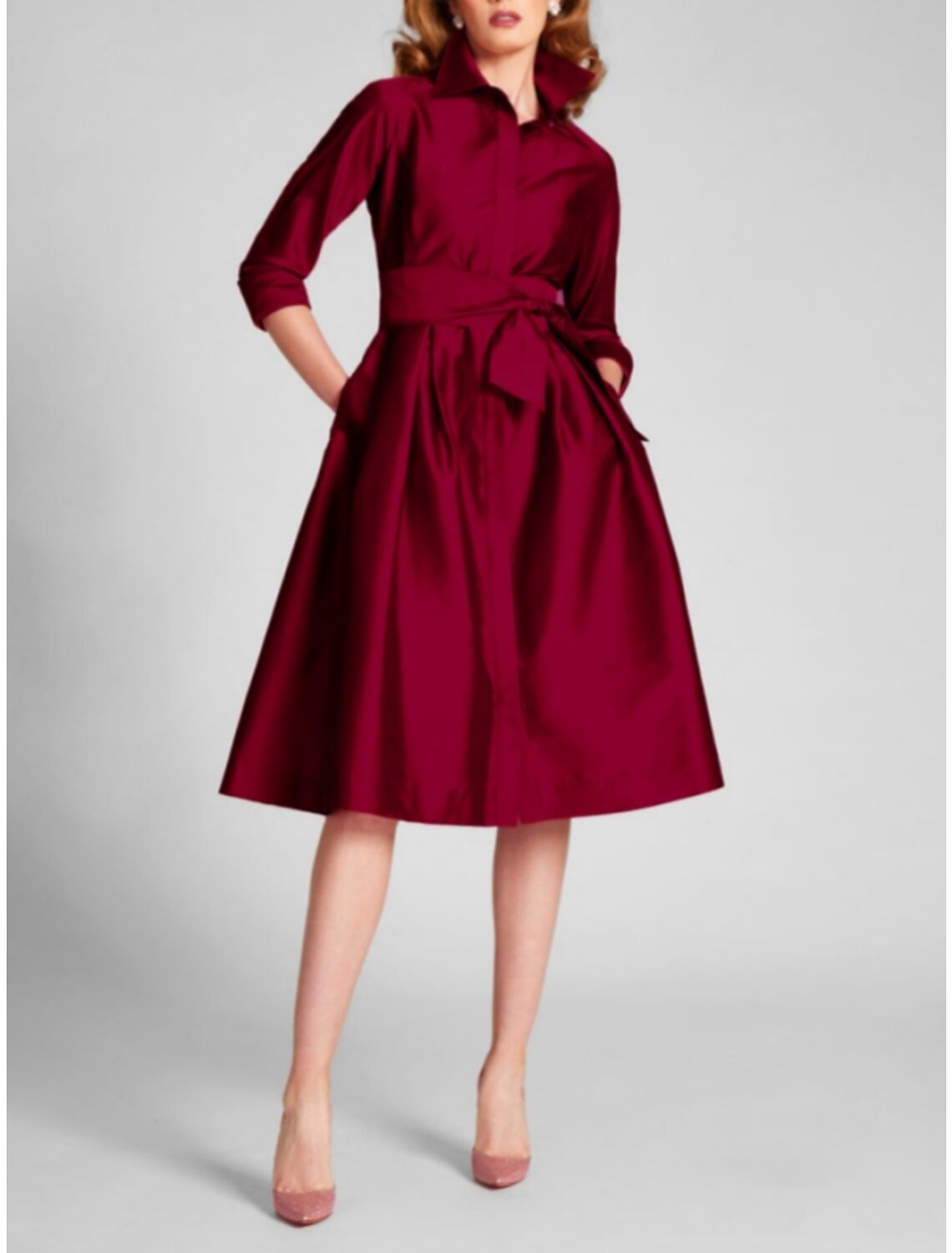 Wholesa A-Line Cocktail Dresses Minimalist Dress Formal Fall Knee Length 3/4 Length Sleeve Shirt Collar Satin with Bow(s) Slit