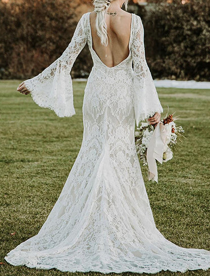 Wholesa Beach Vintage Open Back Boho Wedding Dresses Mermaid / Trumpet V Neck Long Sleeve Court Train Lace Bridal Gowns With Appliques