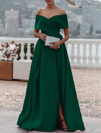 Wholesa A-Line Evening Gown Party Dress Celebrity Style Dress Formal Wedding Court Train Sleeveless Off Shoulder Bridesmaid Dress Satin with Ruched Slit