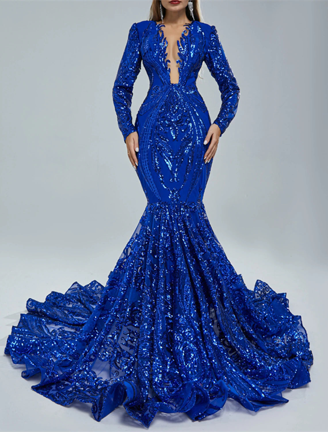 Wholesa  Mermaid / Trumpet Evening Gown Sparkle & Shine Dress Carnival Formal Court Train Long Sleeve V Neck African American Sequined with Beading Sequin