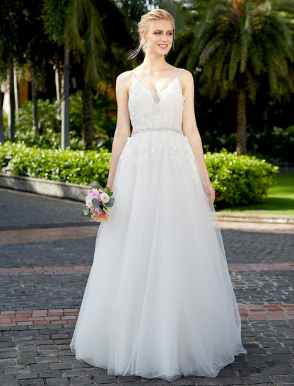 wholesale  Reception Wedding Dresses A-Line Plunging Neck Sleeveless Floor Length Tulle Over Lace Bridal Gowns With Sashes / Ribbons Beading