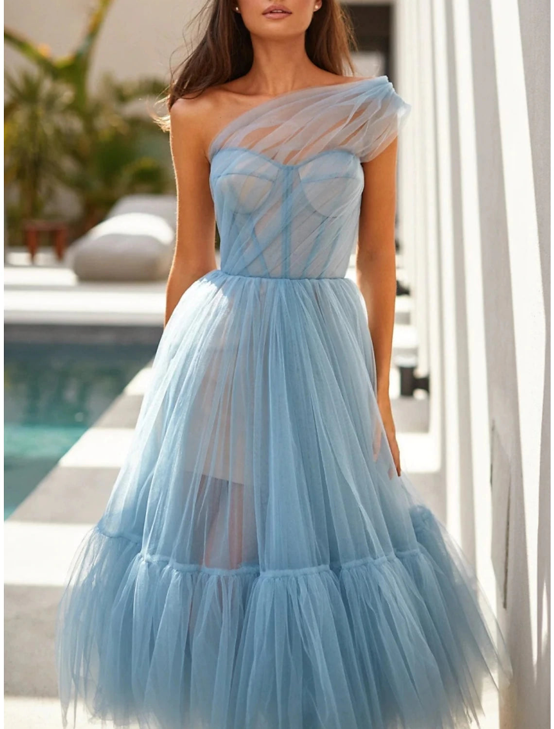 Aimishang A-Line Prom Dresses Elegant Dress Formal Tea Length Sleeveless One Shoulder Tulle with Pleats