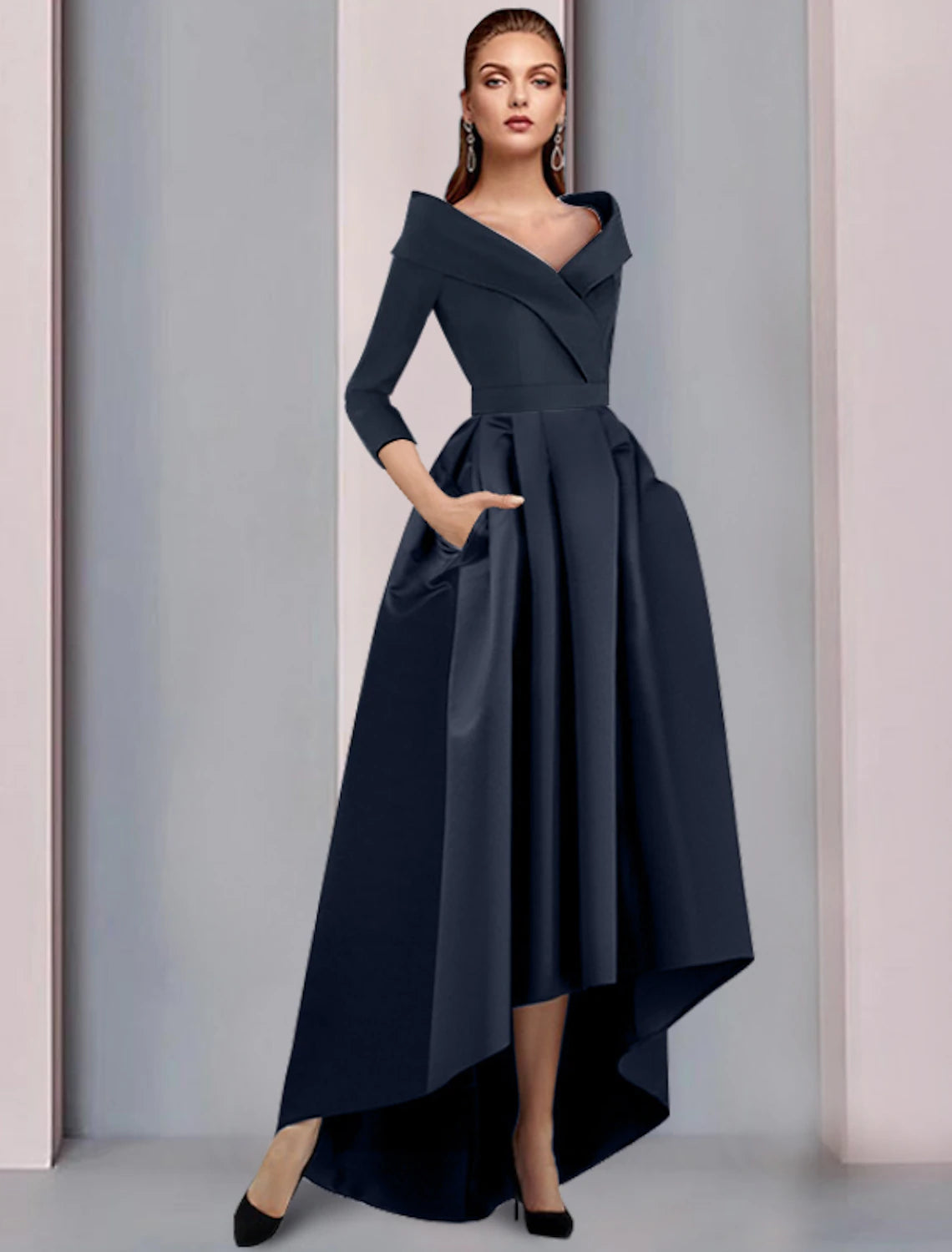 Wholesa  A-Line Mother of the Bride Dress Wedding Guest Elegant High Low Sweet Spaghetti Strap Asymmetrical Tea Length Satin 3/4 Length Sleeve with Pleats Fall