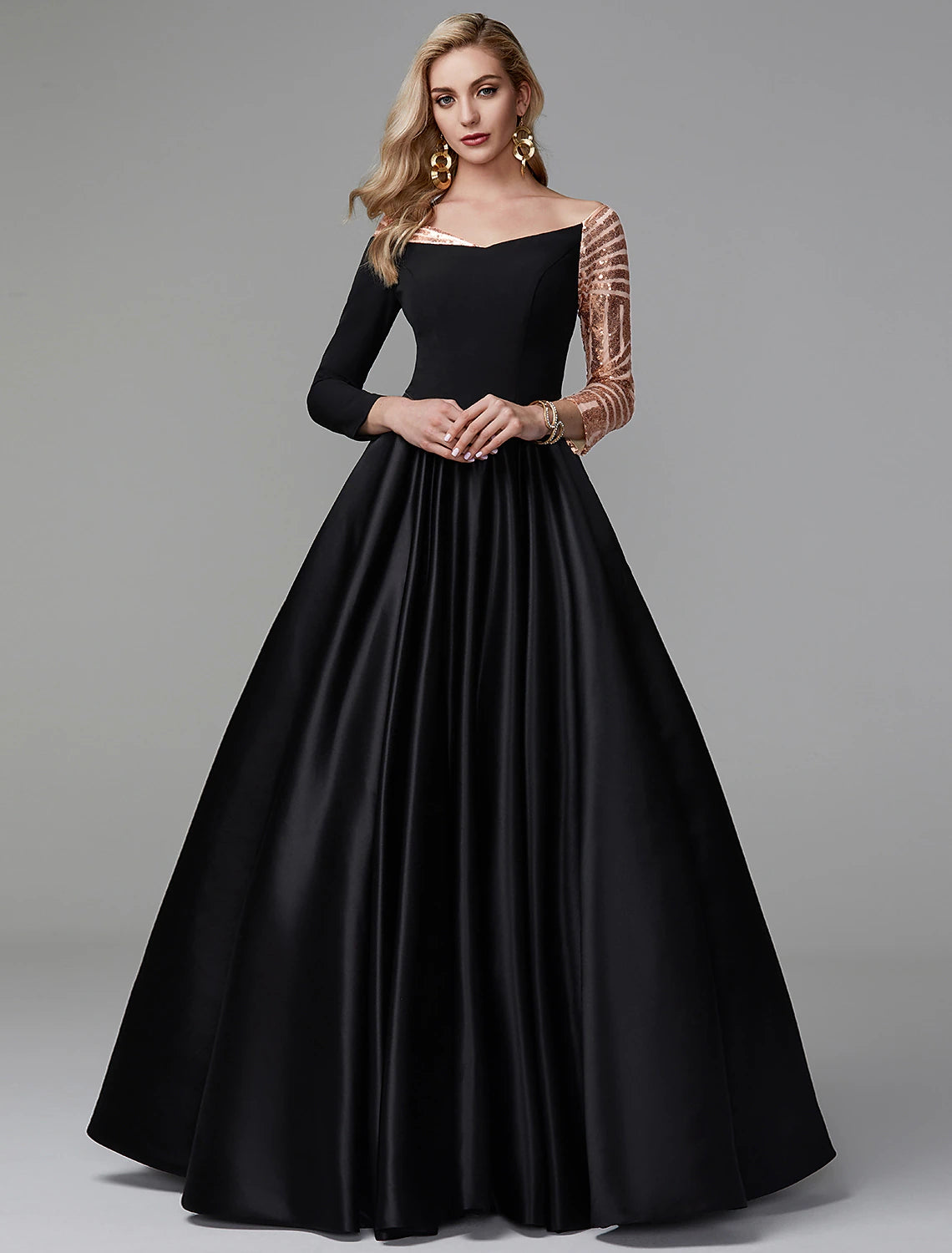 Wholesa Ball Gown Black Dress Vintage Quinceanera Formal Evening Floor Length Long Sleeve Off Shoulder Satin with Sequin