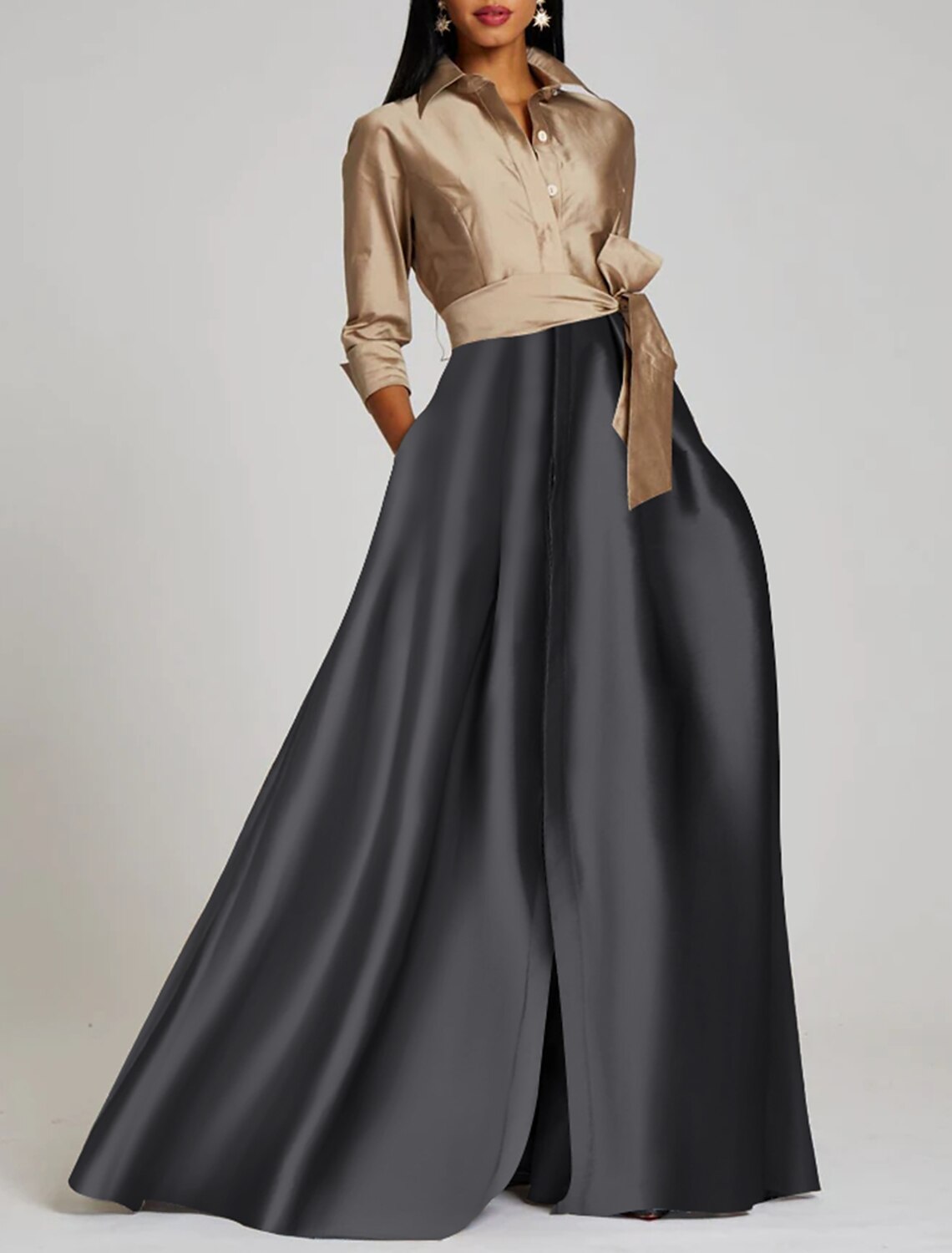 Wholesa A-Line Evening Gown Elegant Dress Formal Floor Length 3/4 Length Sleeve Shirt Collar Satin with Slit Strappy