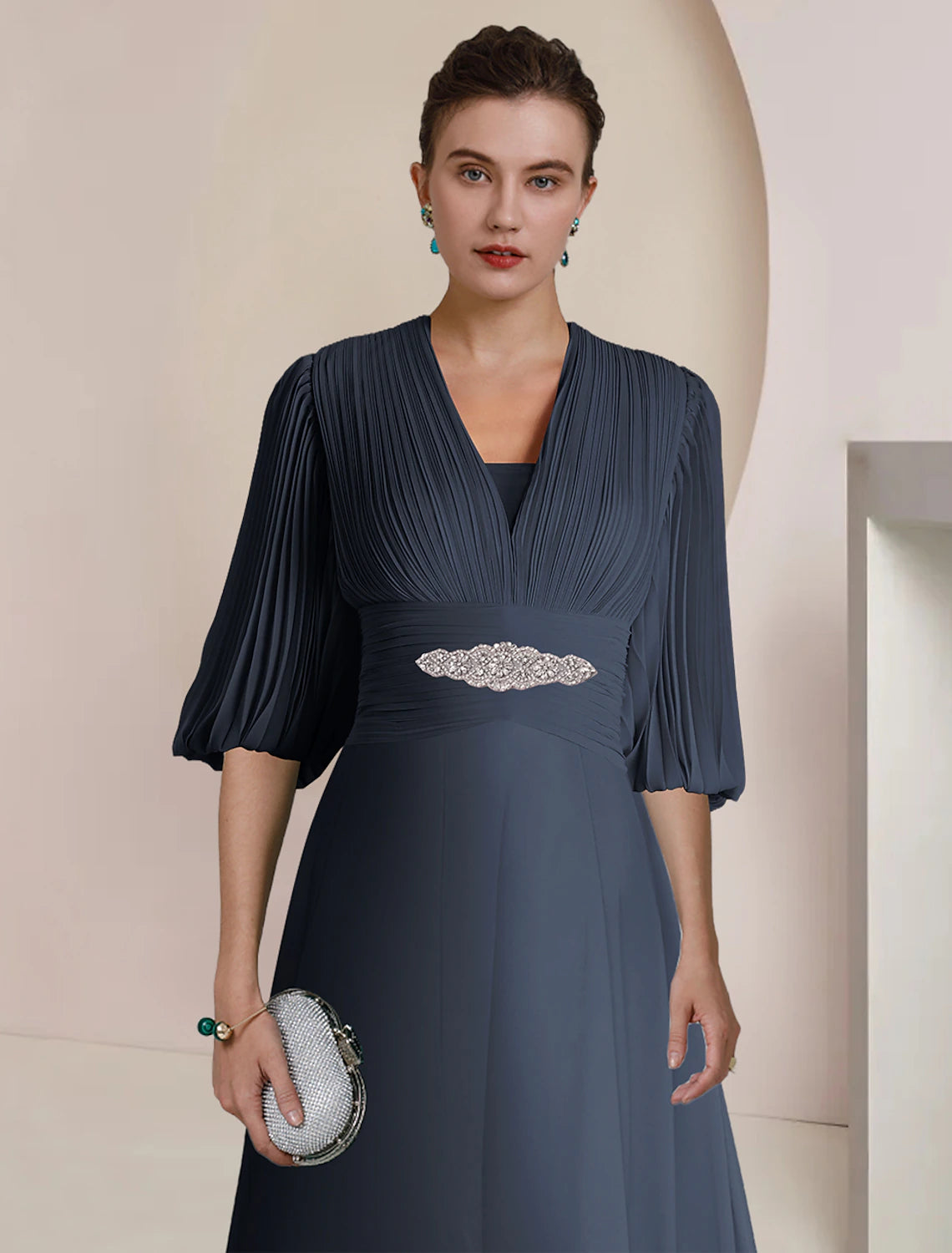 wholesale  A-Line Mother of the Bride Dress Formal Wedding Guest Party Vintage Elegant V Neck Tea Length Chiffon 3/4 Length Sleeve with Pleats Crystals