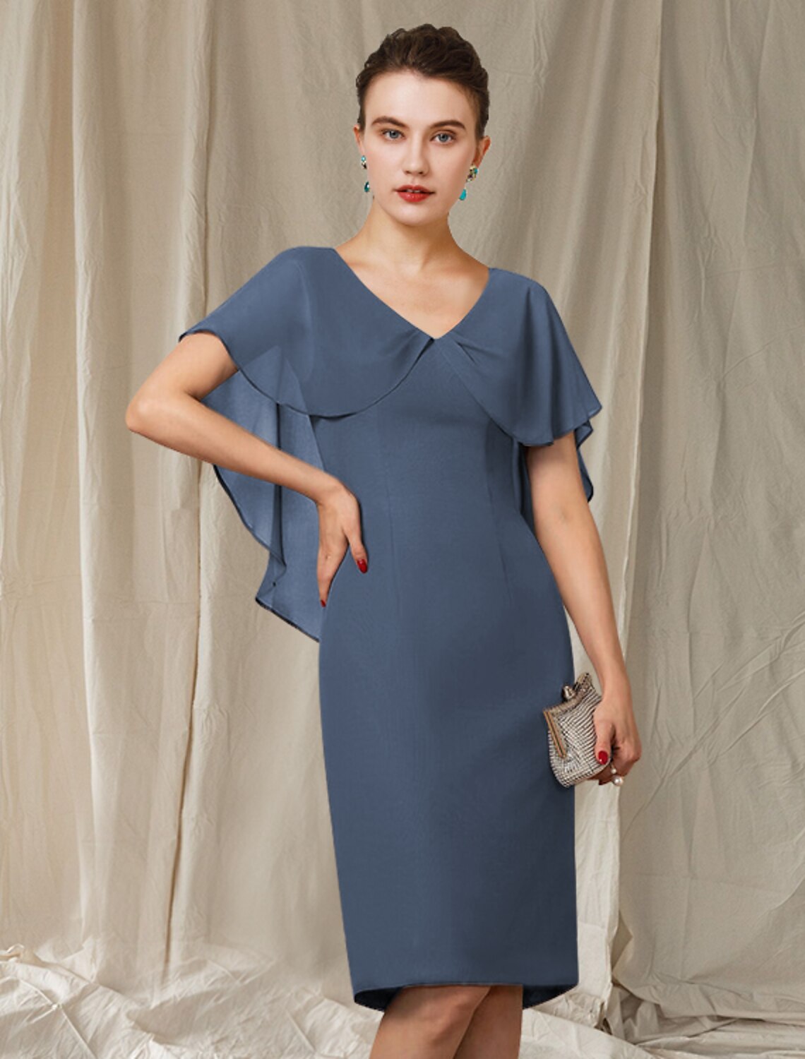 Wholesale Sheath / Column Mother of the Bride Dress Simple Elegant V Neck Knee Length Chiffon Short Sleeve with Ruffles