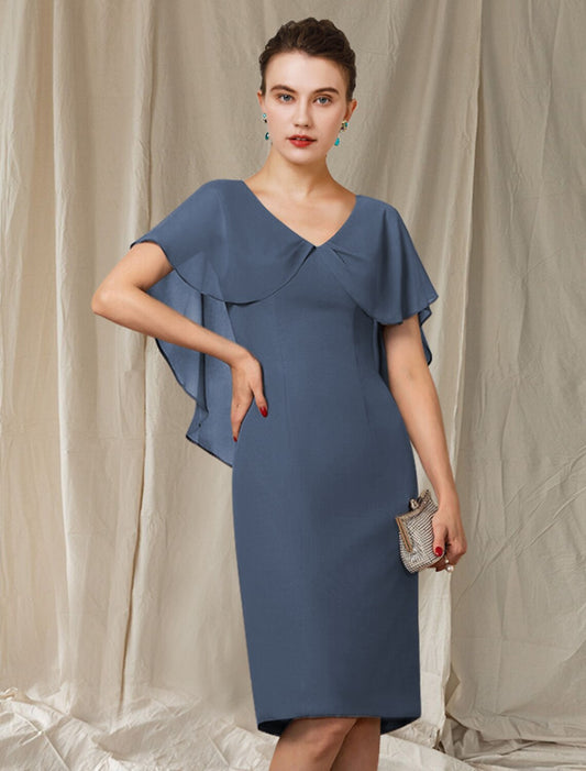 Wholesale Sheath / Column Mother of the Bride Dress Simple Elegant V Neck Knee Length Chiffon Short Sleeve with Ruffles