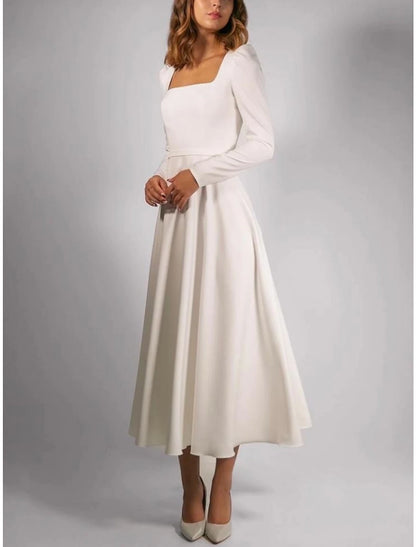 Wholesa Simple Wedding Dresses A-Line Square Neck Long Sleeve Tea Length Stretch Fabric Bridal Gowns With Pleats Solid Color