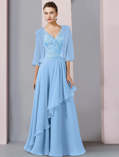 wholesale Two Piece A-Line Mother of the Bride Dress Formal Wedding Guest Party Elegant V Neck Floor Length Chiffon Lace Half Sleeve Wrap Included with Beading Sequin Appliques