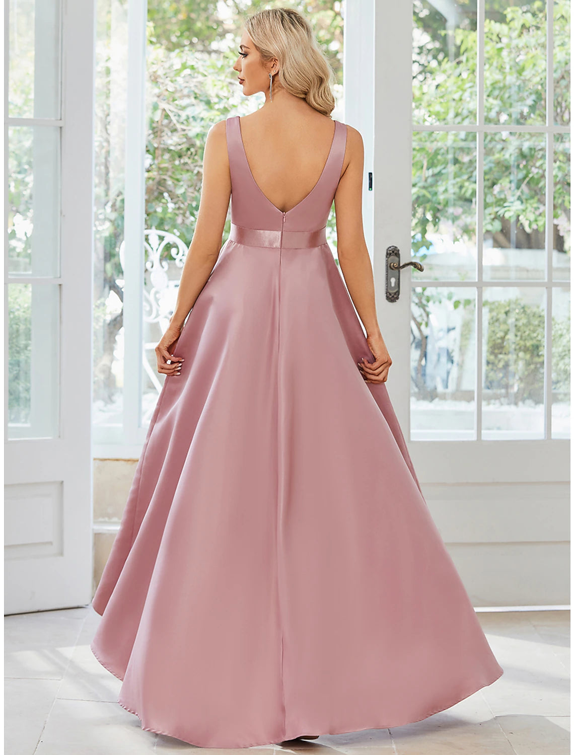 wholesale  A-Line Wedding Guest Dresses Casual Dress Party Wear Asymmetrical Sleeveless V Neck Satin with Ruffles Pure Color